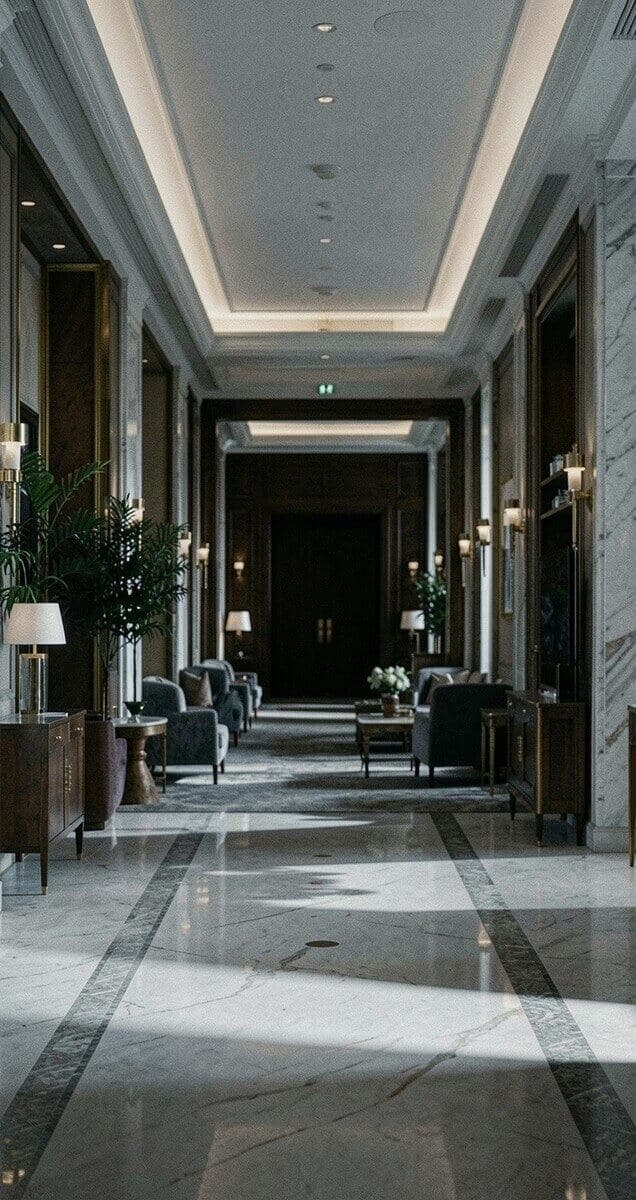 Marble hotel corridor with warm sconce lighting and plush seating