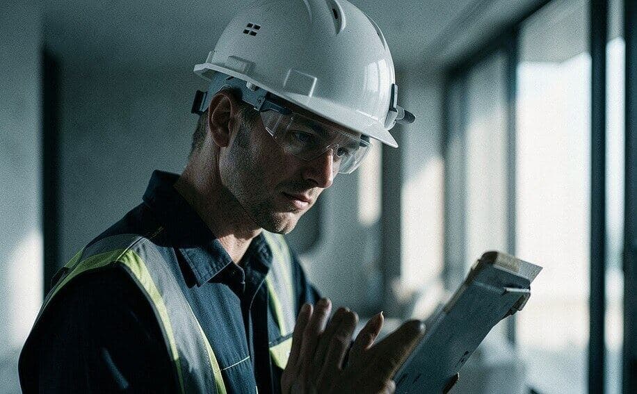 Construction manager reviewing plans on site in safety gear